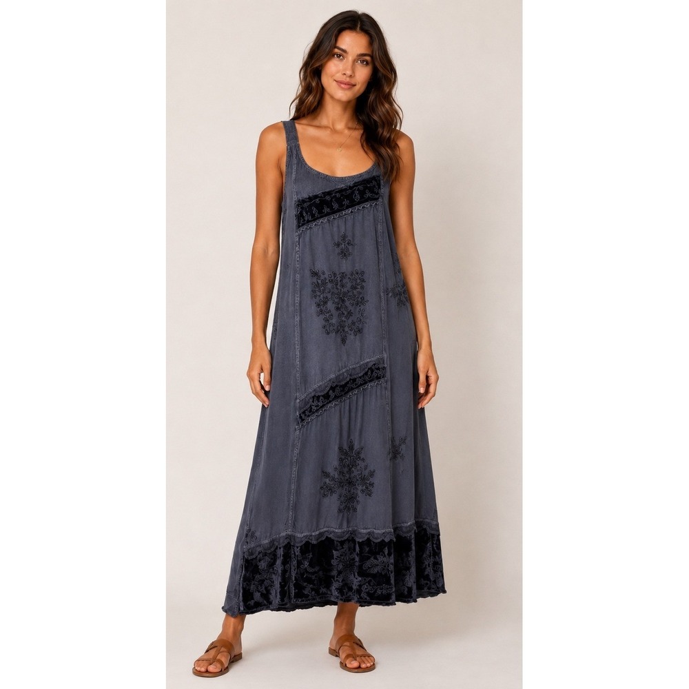 L'Pogee Maxi Dress Women OS Gray Black Embroidered Velvet Trim Boho Whimsigoth